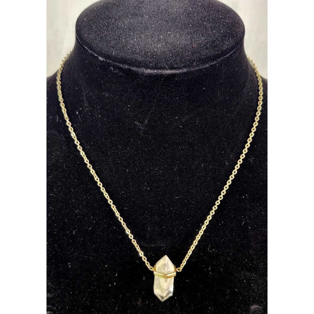 Vintage Gold Tone Rope Chain Acrylic "Quartz" 2 Point Marbled Pendant Necklace
